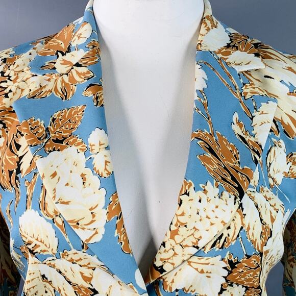 Size L Blue Tan Polyester Blend Floral Notch Lapel Zip Pockets Jacket Blazer - Picture 2 of 9